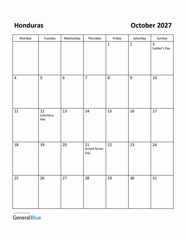 October 2027 Calendar with Honduras Holidays