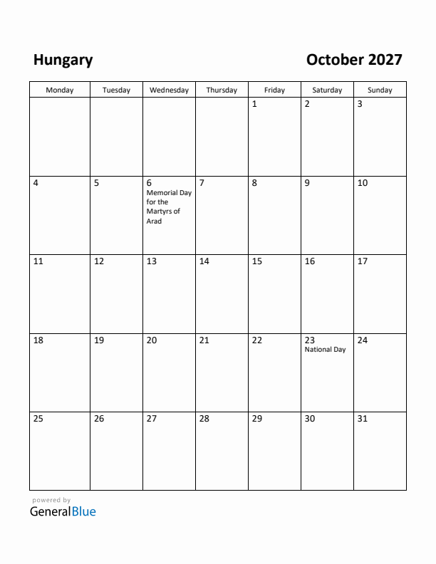 October 2027 Calendar with Hungary Holidays