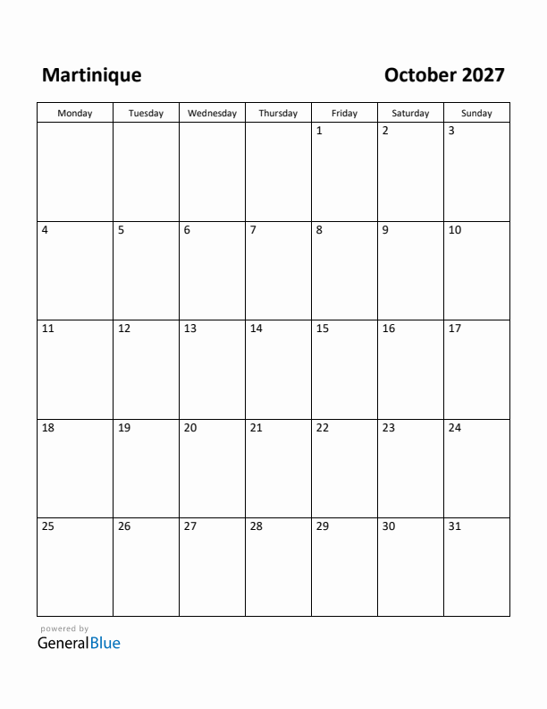 October 2027 Calendar with Martinique Holidays