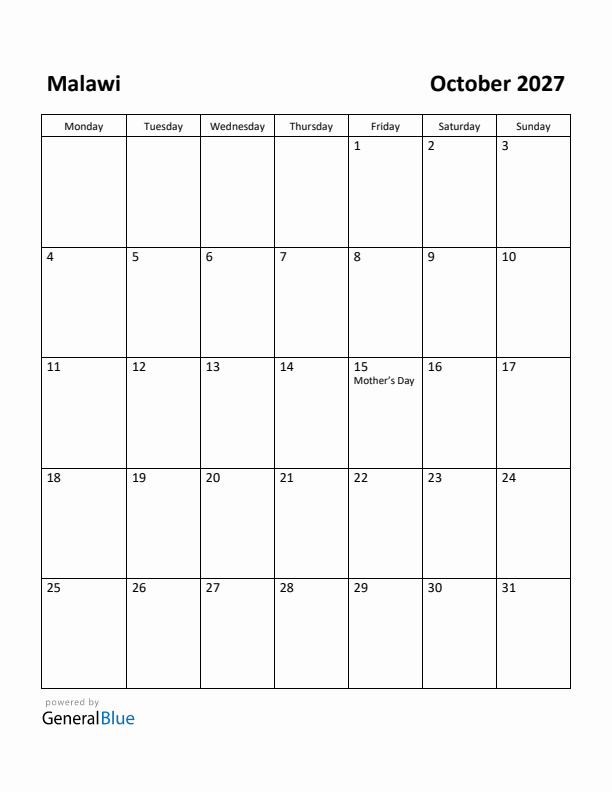 October 2027 Calendar with Malawi Holidays