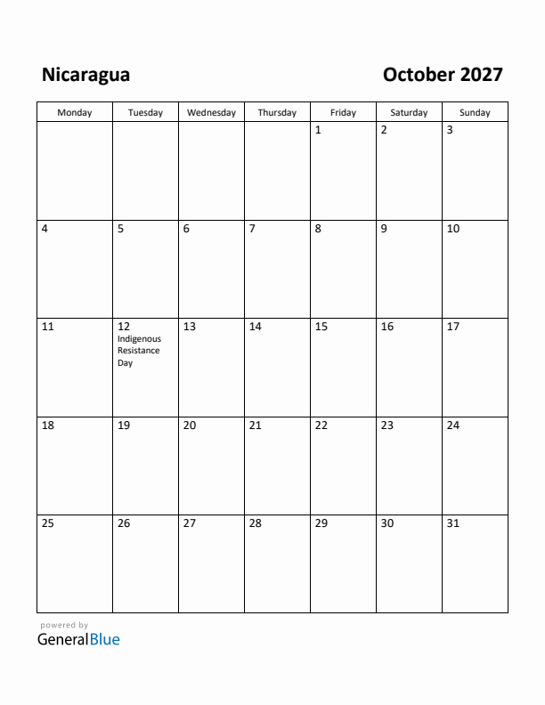 October 2027 Calendar with Nicaragua Holidays
