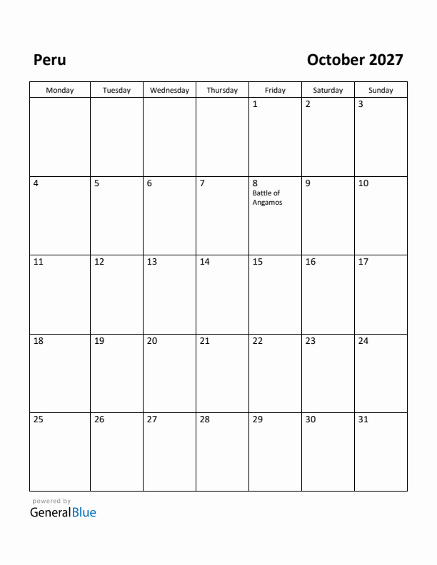 October 2027 Calendar with Peru Holidays