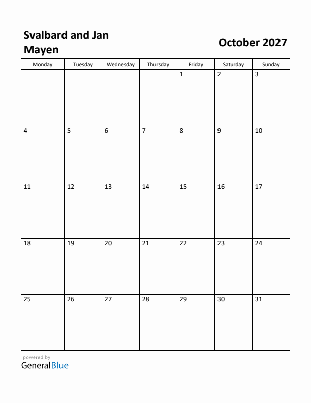 October 2027 Calendar with Svalbard and Jan Mayen Holidays