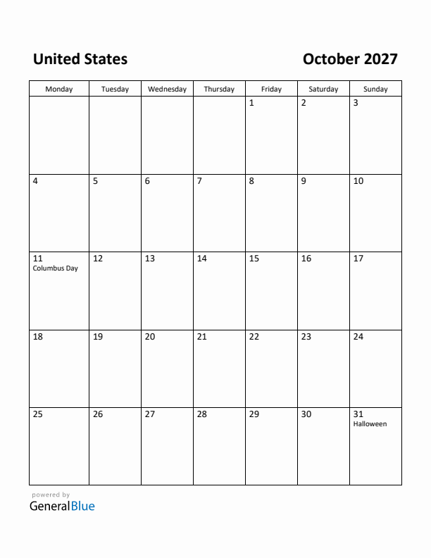 October 2027 Calendar with United States Holidays