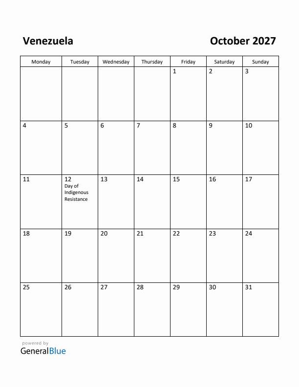 October 2027 Calendar with Venezuela Holidays