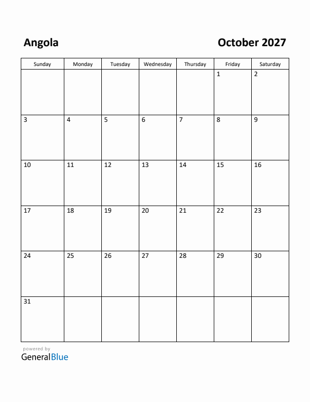October 2027 Calendar with Angola Holidays