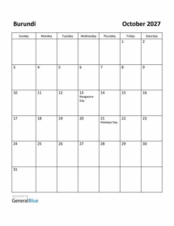 October 2027 Calendar with Burundi Holidays