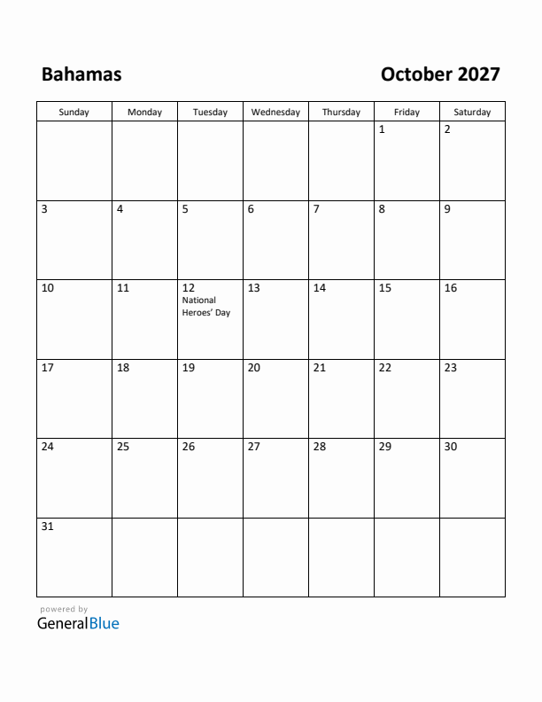 October 2027 Calendar with Bahamas Holidays
