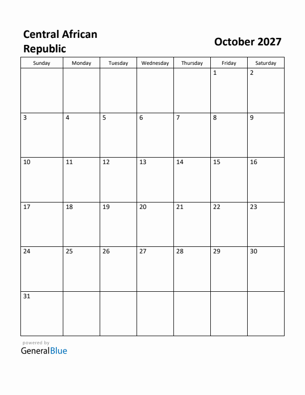 October 2027 Calendar with Central African Republic Holidays