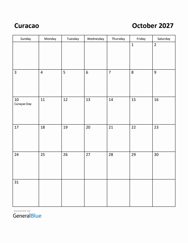 October 2027 Calendar with Curacao Holidays