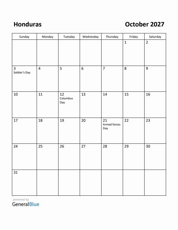 October 2027 Calendar with Honduras Holidays