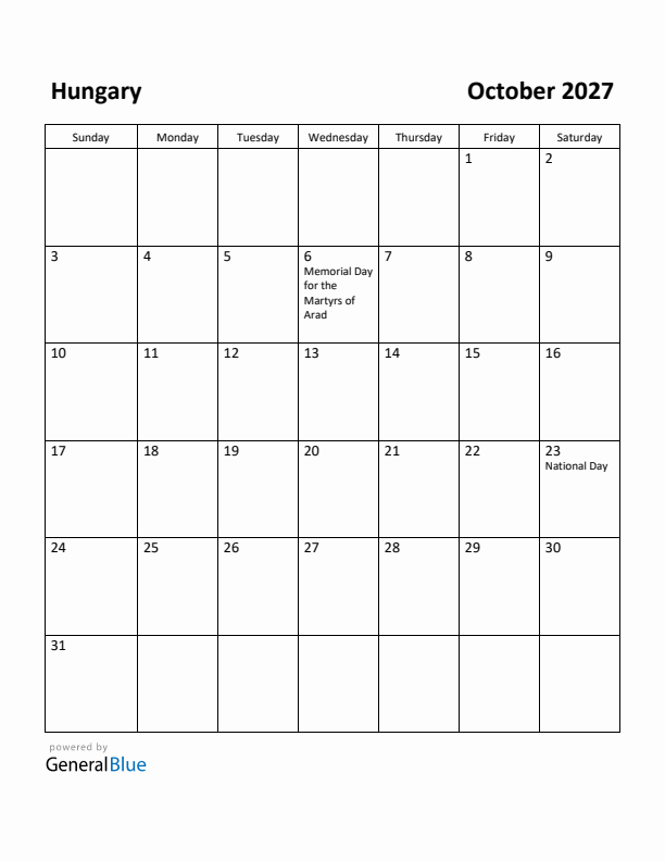 October 2027 Calendar with Hungary Holidays