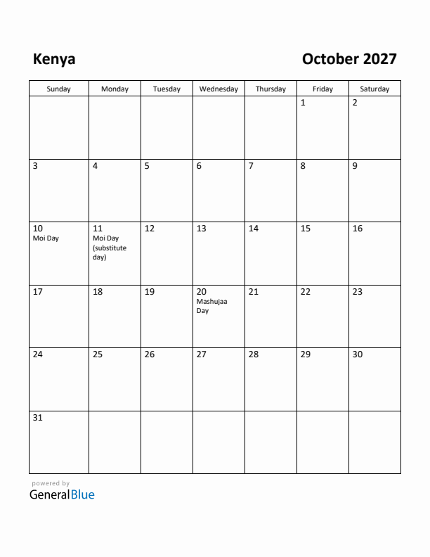 October 2027 Calendar with Kenya Holidays