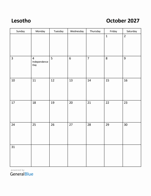 October 2027 Calendar with Lesotho Holidays
