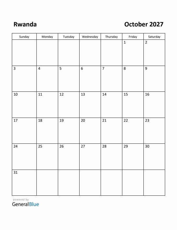 October 2027 Calendar with Rwanda Holidays
