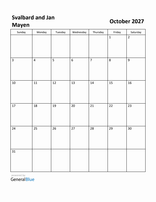October 2027 Calendar with Svalbard and Jan Mayen Holidays