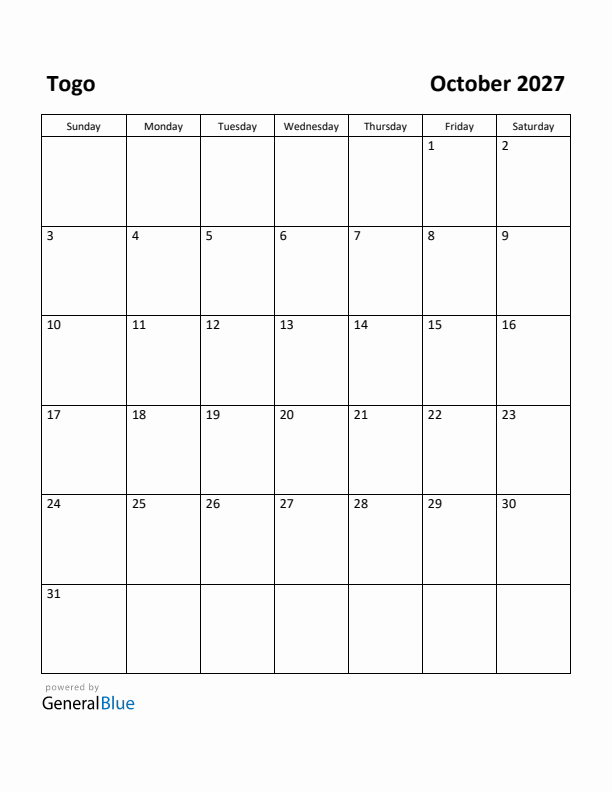 October 2027 Calendar with Togo Holidays