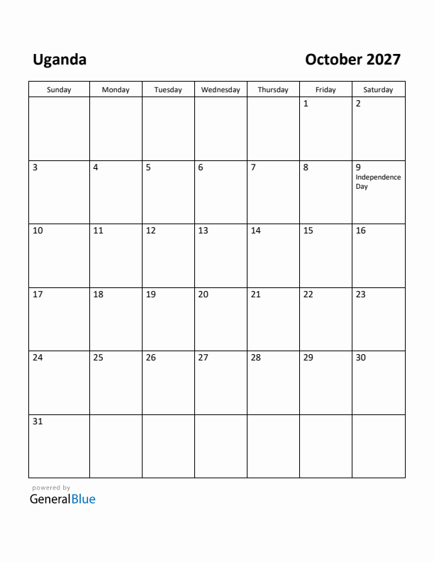 October 2027 Calendar with Uganda Holidays