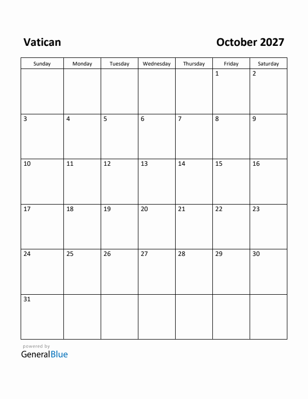 October 2027 Calendar with Vatican Holidays