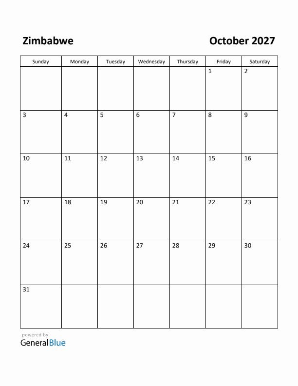 October 2027 Calendar with Zimbabwe Holidays