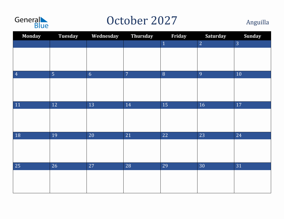 October 2027 Anguilla Holiday Calendar