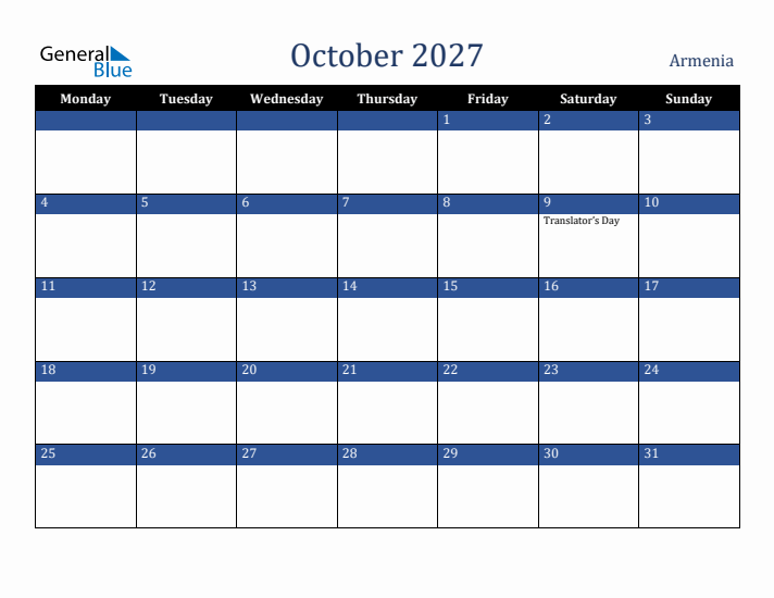 October 2027 Armenia Calendar (Monday Start)