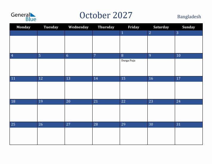 October 2027 Bangladesh Calendar (Monday Start)