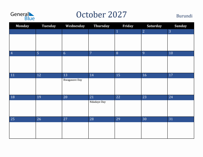 October 2027 Burundi Calendar (Monday Start)