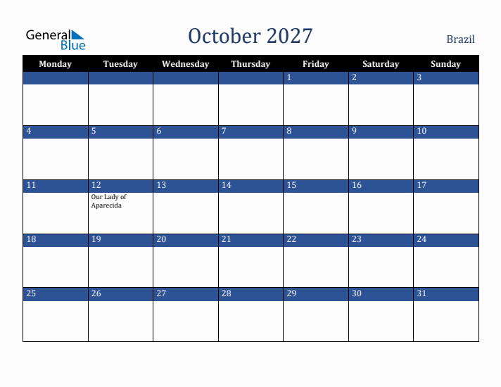 October 2027 Brazil Calendar (Monday Start)