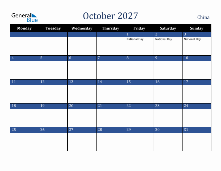 October 2027 China Calendar (Monday Start)