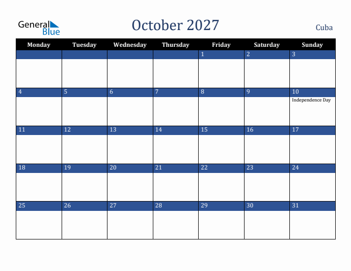 October 2027 Cuba Calendar (Monday Start)