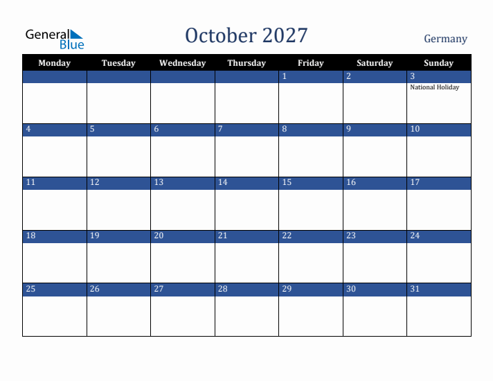 October 2027 Germany Calendar (Monday Start)