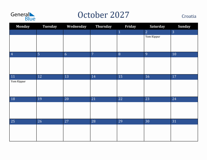 October 2027 Croatia Calendar (Monday Start)