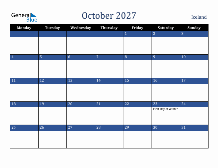 October 2027 Iceland Calendar (Monday Start)