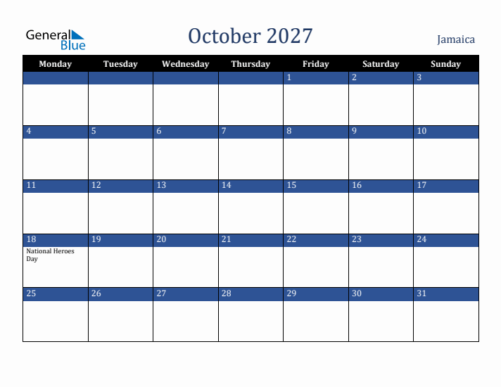 October 2027 Jamaica Calendar (Monday Start)