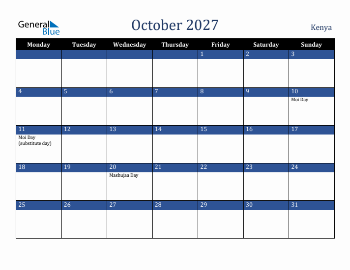 October 2027 Kenya Calendar (Monday Start)