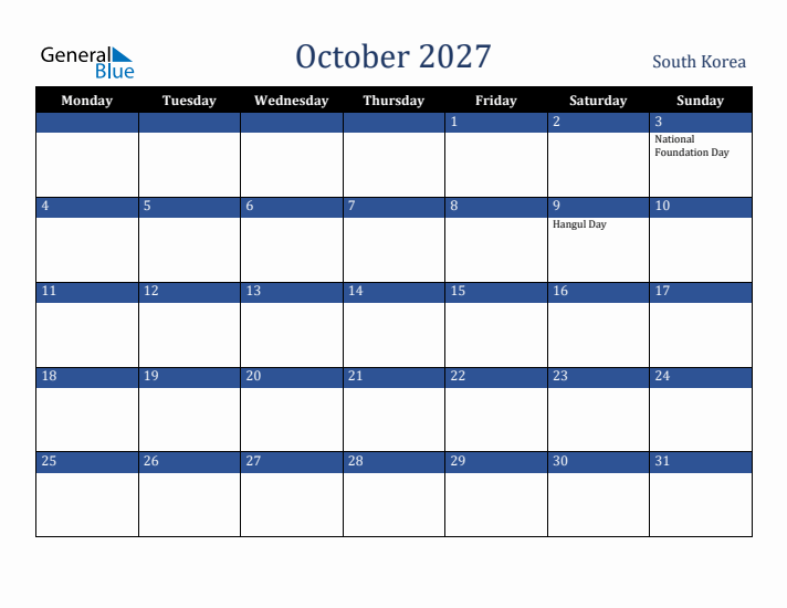 October 2027 South Korea Calendar (Monday Start)