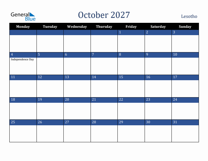 October 2027 Lesotho Calendar (Monday Start)