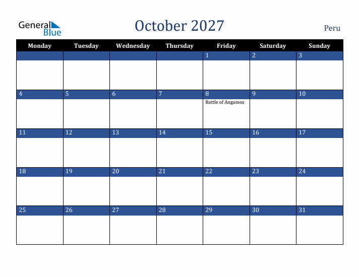 October 2027 Peru Calendar (Monday Start)