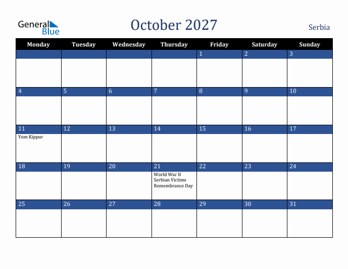 October 2027 Serbia Calendar (Monday Start)