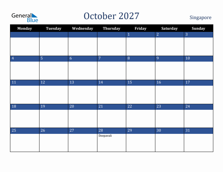 October 2027 Singapore Calendar (Monday Start)