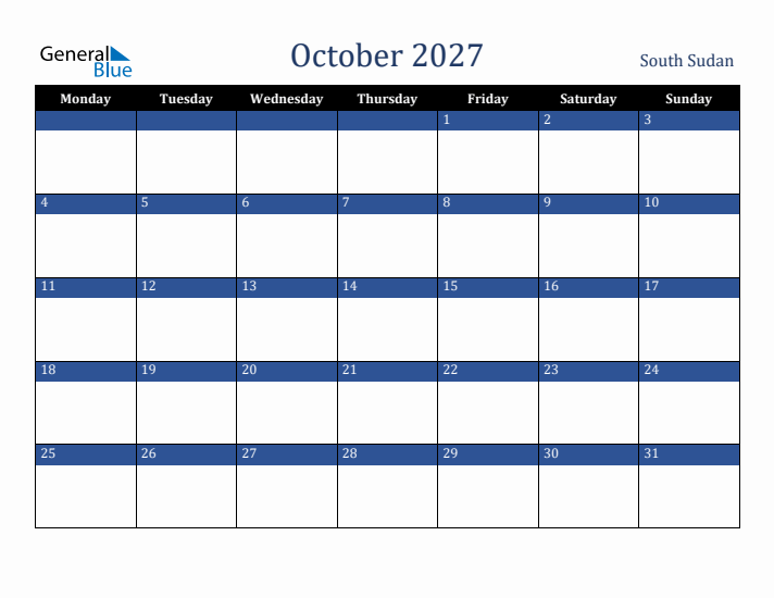 October 2027 South Sudan Calendar (Monday Start)