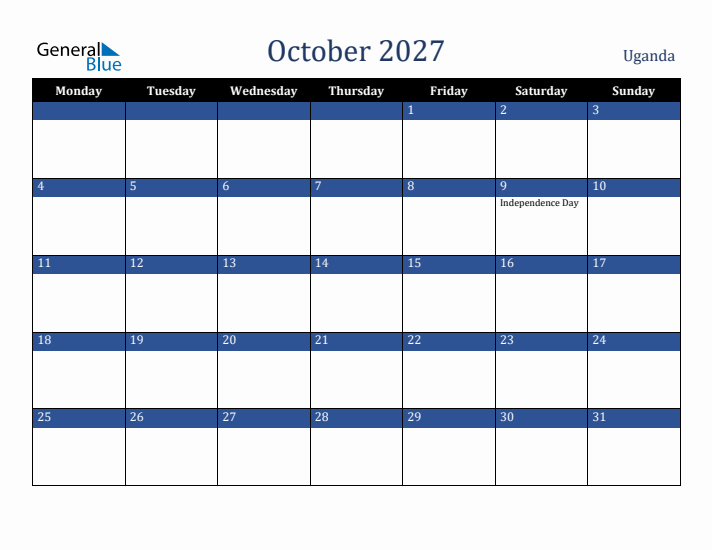 October 2027 Uganda Calendar (Monday Start)