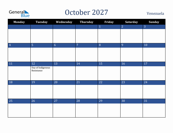 October 2027 Venezuela Calendar (Monday Start)