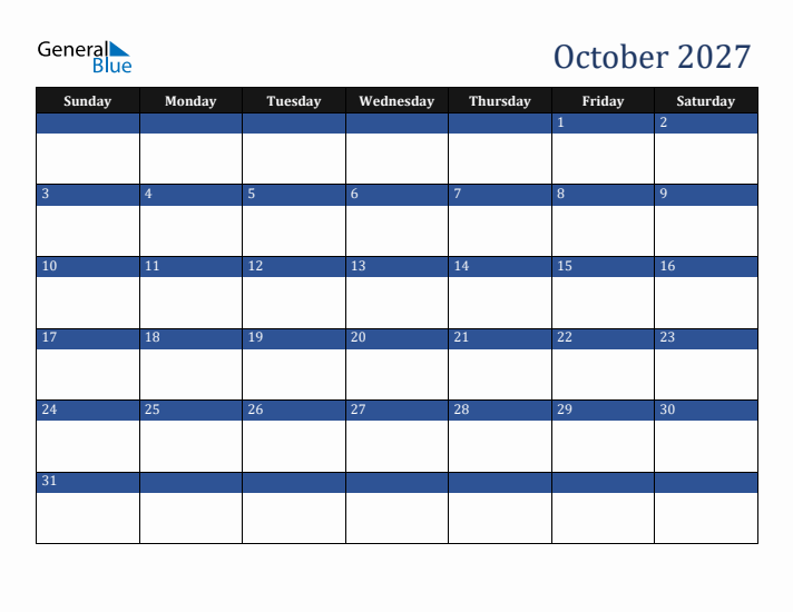 Sunday Start Calendar for October 2027