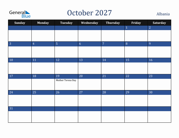 October 2027 Albania Calendar (Sunday Start)