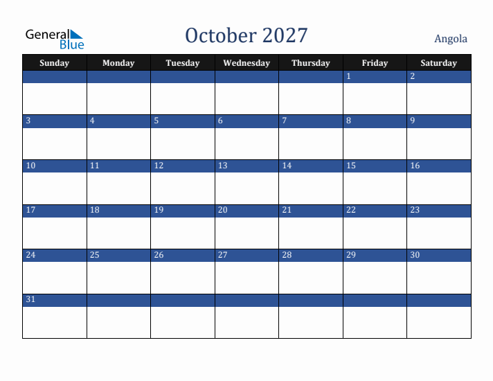 October 2027 Angola Calendar (Sunday Start)