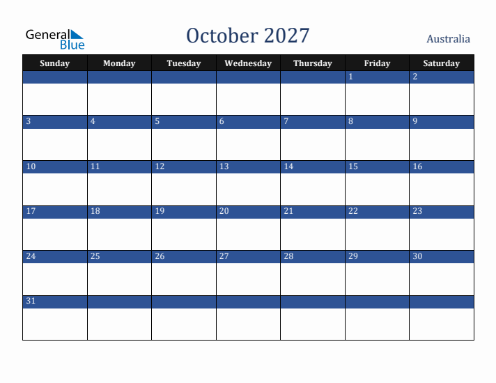 October 2027 Australia Calendar (Sunday Start)