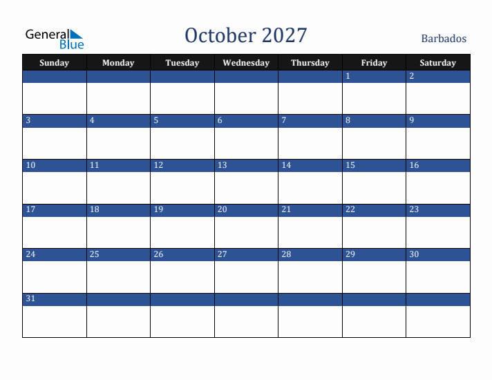 October 2027 Barbados Calendar (Sunday Start)
