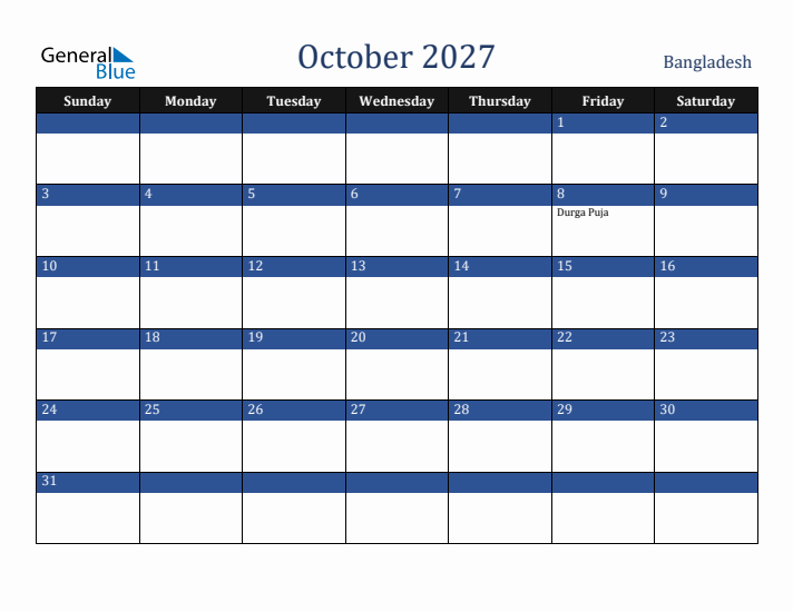 October 2027 Bangladesh Calendar (Sunday Start)